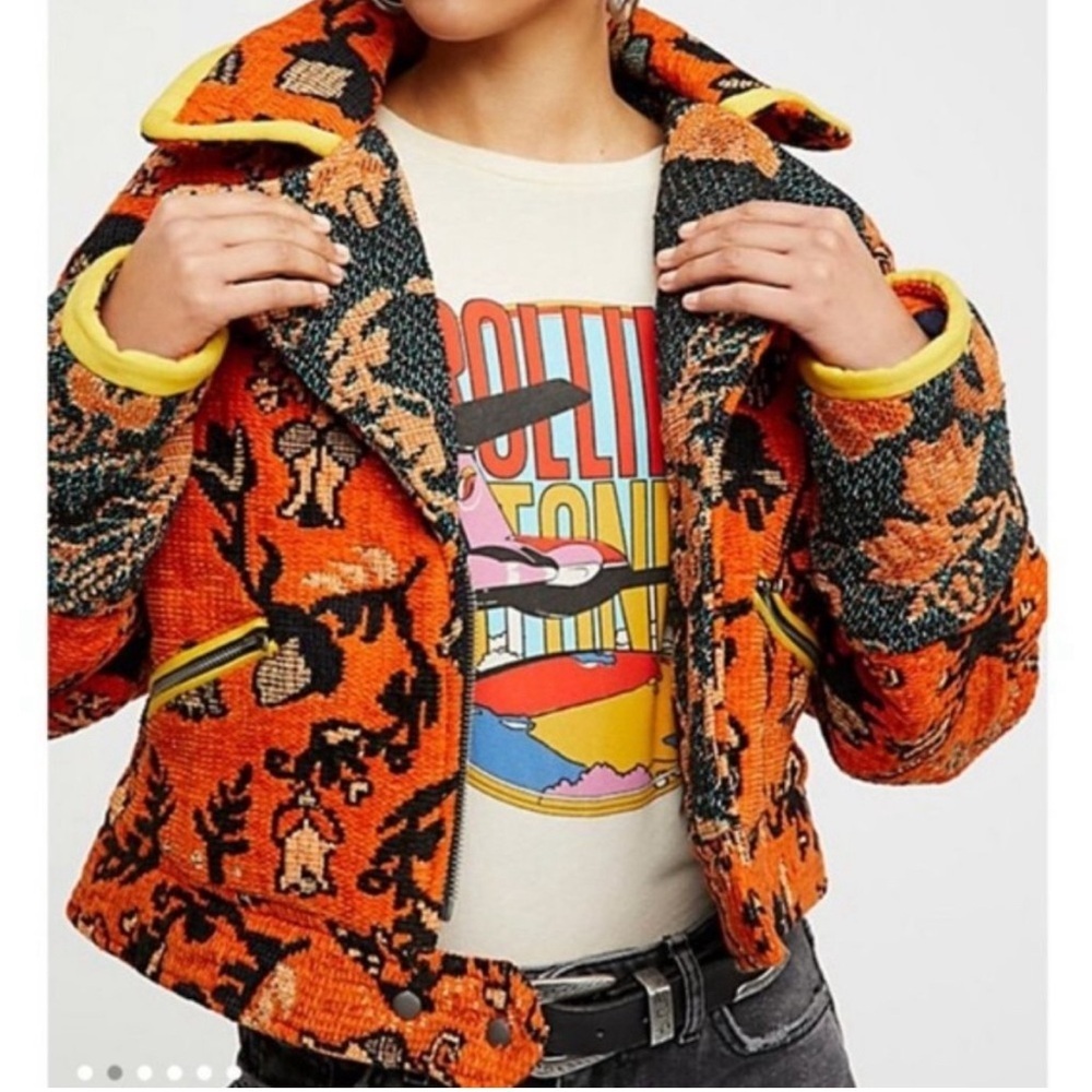 NWOT Free People Orange Black Mosaic Tapestry
Motorcycle Jacket Coat